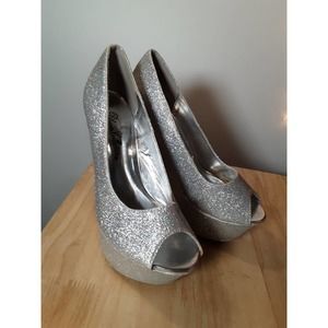 Silver Sparkly Platform Open Toe Wedges